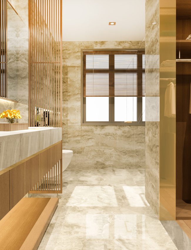 3d rendering modern design and marble tile toilet and bathroom and wardrobe with walk in closet